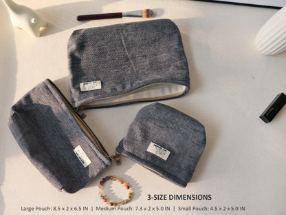 HAPPYHEIDI Gray Velvet Corduroy Makeup Bag Set 3 with Compartment Women Girls Cosmetic Toiletry Pouch,Travel Accessory Organizer, 3-Size, Canvas Lined