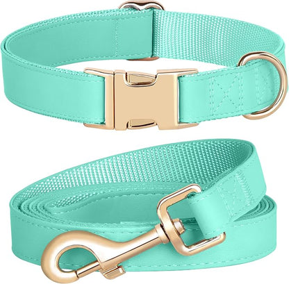 PET ARTIST Soft PU Leather Dog Collar and Leash Set, Bright & Stylish 5FT PU Leather Leash and Collar Set, Durable Pet Collars with Quick Release Metal Buckle for Medium Dogs,Mint Green,M(13-19")