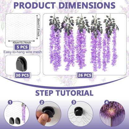 Giegxin 26 Pcs 3D Wisteria Tree for Classroom Room Ceiling Wall Decor Bulletin Board Large Wisteria Garland with 5 Metal Mesh Panel Artificial Fake Hanging Flower Wedding Backdrop(Purple)