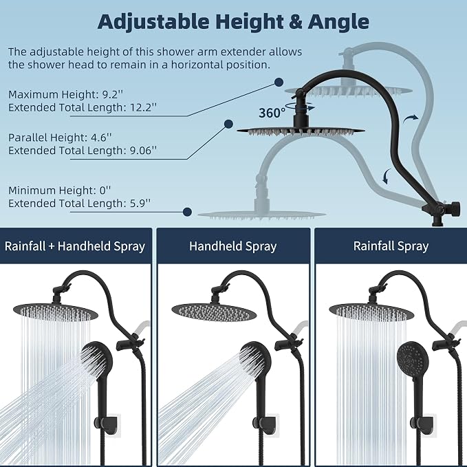 Hibbent All Metal CUPC Certified Shower Head, 10'' High Pressure Rainfall Shower Head, Handheld Showerhead Combo with 12'' Adjustable Extension Arm, 10-Spray, 71'' Hose, Shower Holder, Matte Black
