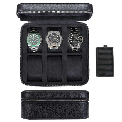 SYENS Real Genuine Leather Watch Travel Case 6 Watches Box, Suitable for all Watches and Smartwatches under 60mm Storage Organizer for Man and Women (6W-Z-BBL)