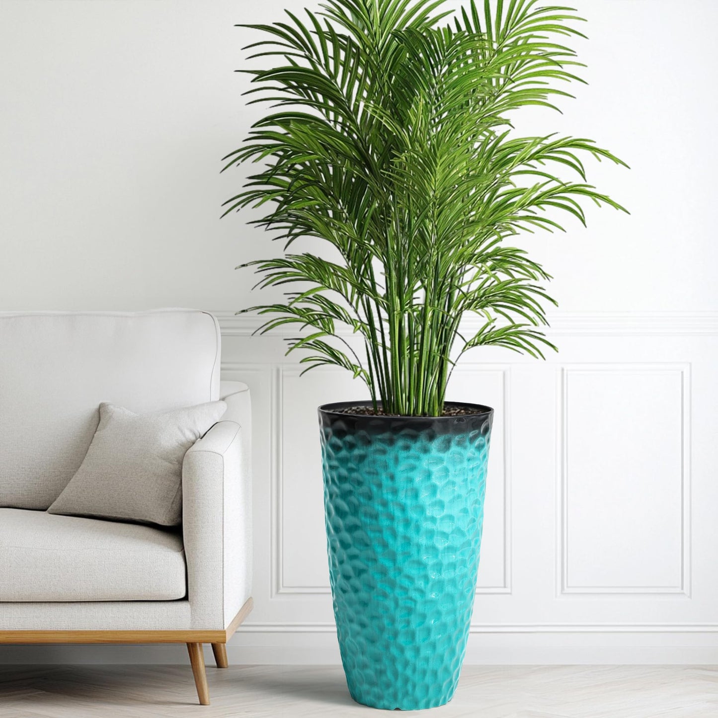 Ultym 23.75" H Large Tall Outdoor Planters, Set of 2 Plastic Large Flower Pots for Outdoor Plants, with Turquoise Teal Honeycomb Texture, Weather-Resistant for Porch, Garden, Patio or Indoor Use