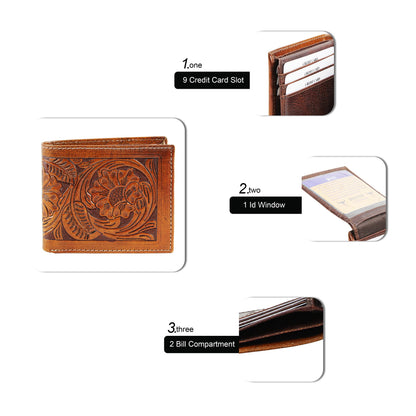 American Bison RFID Wallet for Men – Hand-Tooled Floral Cowhide Leather Bifold Wallet with Gift Box (Light Brown)