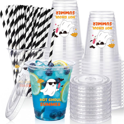 Vesici 60 Pcs Summer Party Disposable Plastic Cups with Straws 12oz Cute Ghost Clear Party Cups with Lids Hot Summer Ghoul Halloween Drinking Glasses Supplies for Birthday BBQ Bachelorette Pool