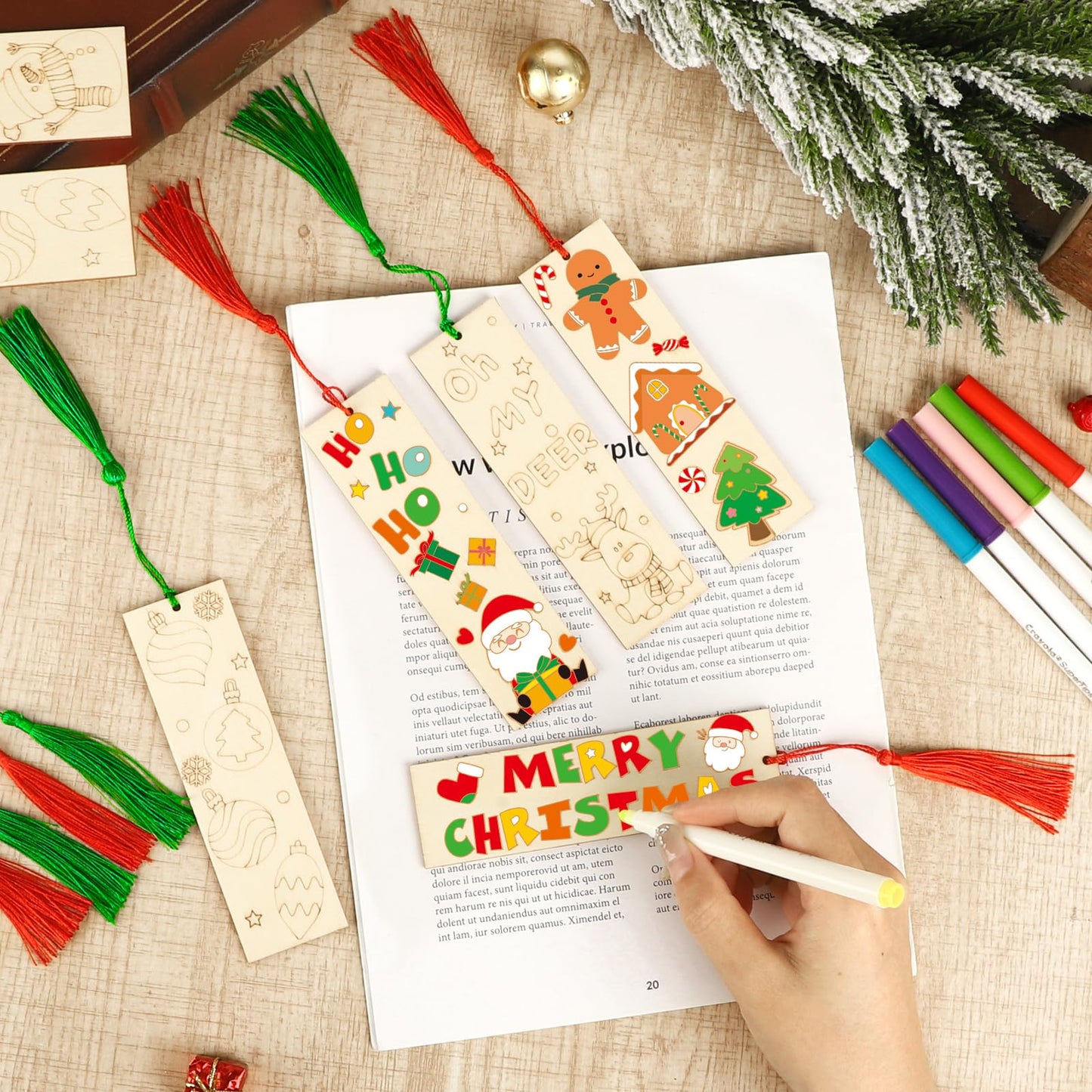 36 Pcs Color Your Own Christmas Bookmarks for Kids DIY Christmas Gifts Wooden Blank Bookmarks Bulk with Hanging Tassel for Xmas Winter Crafts Birthday Gift