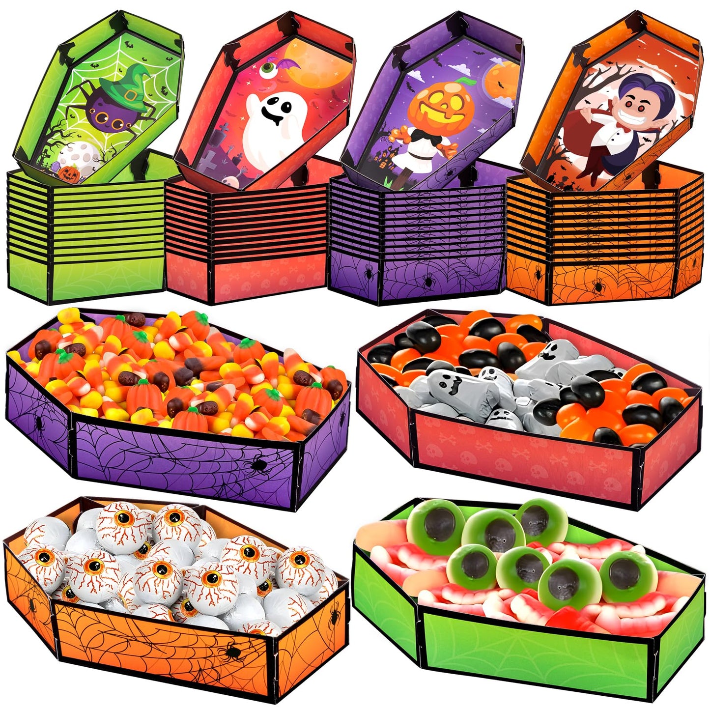 Geefuun 50Pcs Halloween Coffin Serving Food Trays - Vampire Pumpkin Ghost Spider Disposable Snack Paper Dish for Party Decoration Supplies