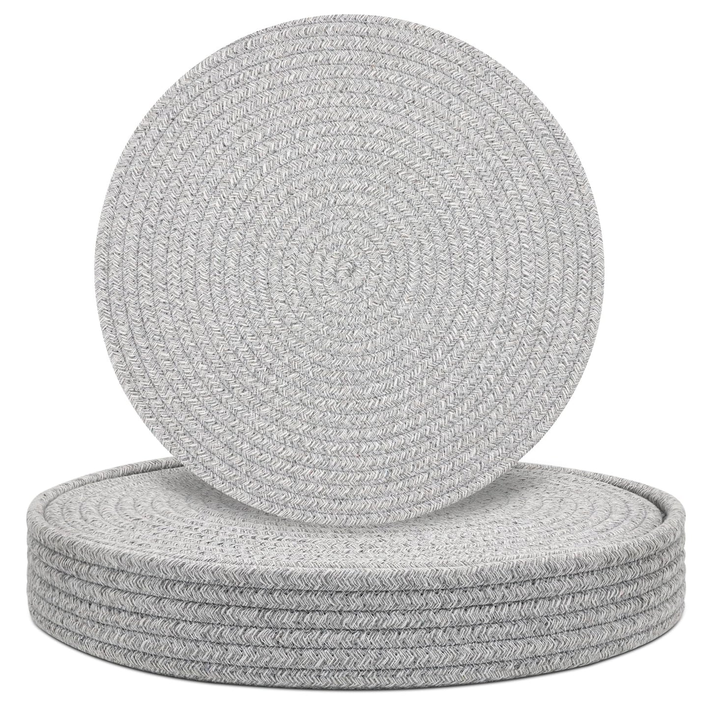 Round Placemats Set of 6 with Holder, Cotton Rope Woven Place Mats, Hot Pads for Kitchen, Heat Resistant Table Mats, 13 Inch Farmhouse Washable Braided Placemat for Kitchen Decor (Gray)