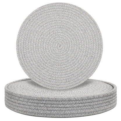 Round Placemats Set of 6 with Holder, Cotton Rope Woven Place Mats, Hot Pads for Kitchen, Heat Resistant Table Mats, 13 Inch Farmhouse Washable Braided Placemat for Kitchen Decor (Gray)