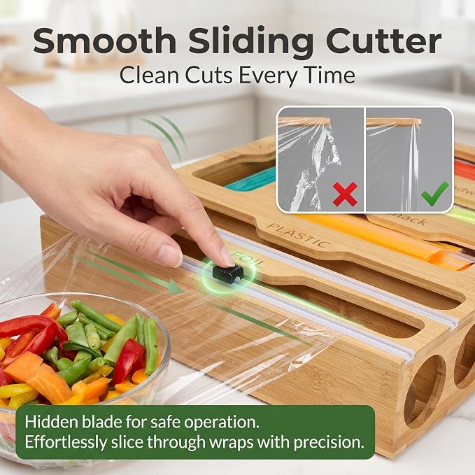 FUSHITON 6 in 1 Bamboo Food Storage Bag Organizer, Plastic Wrap Dispenser with Cutter, Foil Wax Paper Organizer for Kitchen Drawer, Wall Mount Countertop, Fits Gallon, Quart, Sandwich, Snack Bags