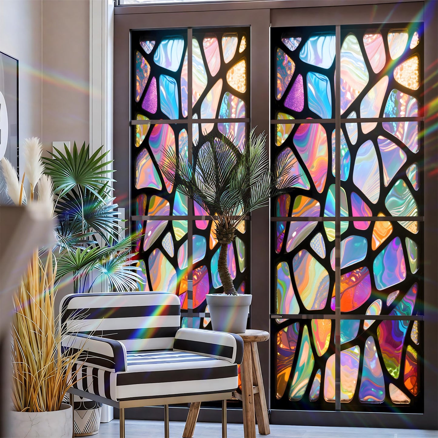AOHMPT Stained Glass Window Privacy Film: Non-Adhesive Sun and Landscape Mosaic Design, Removable Stickers Window Covering for Home Decor (Z1584)