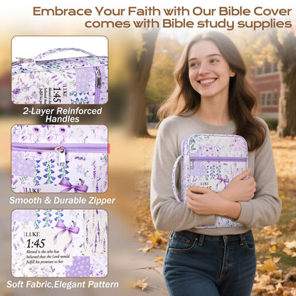 XKDOUS Bible Cover for Women Church Book Holder Canvas Patchwork Carrying Case with Handle, Study Supplies Carrier Portable Bible Bag Journaling Kit Christian Gifts for Mom, Friends
