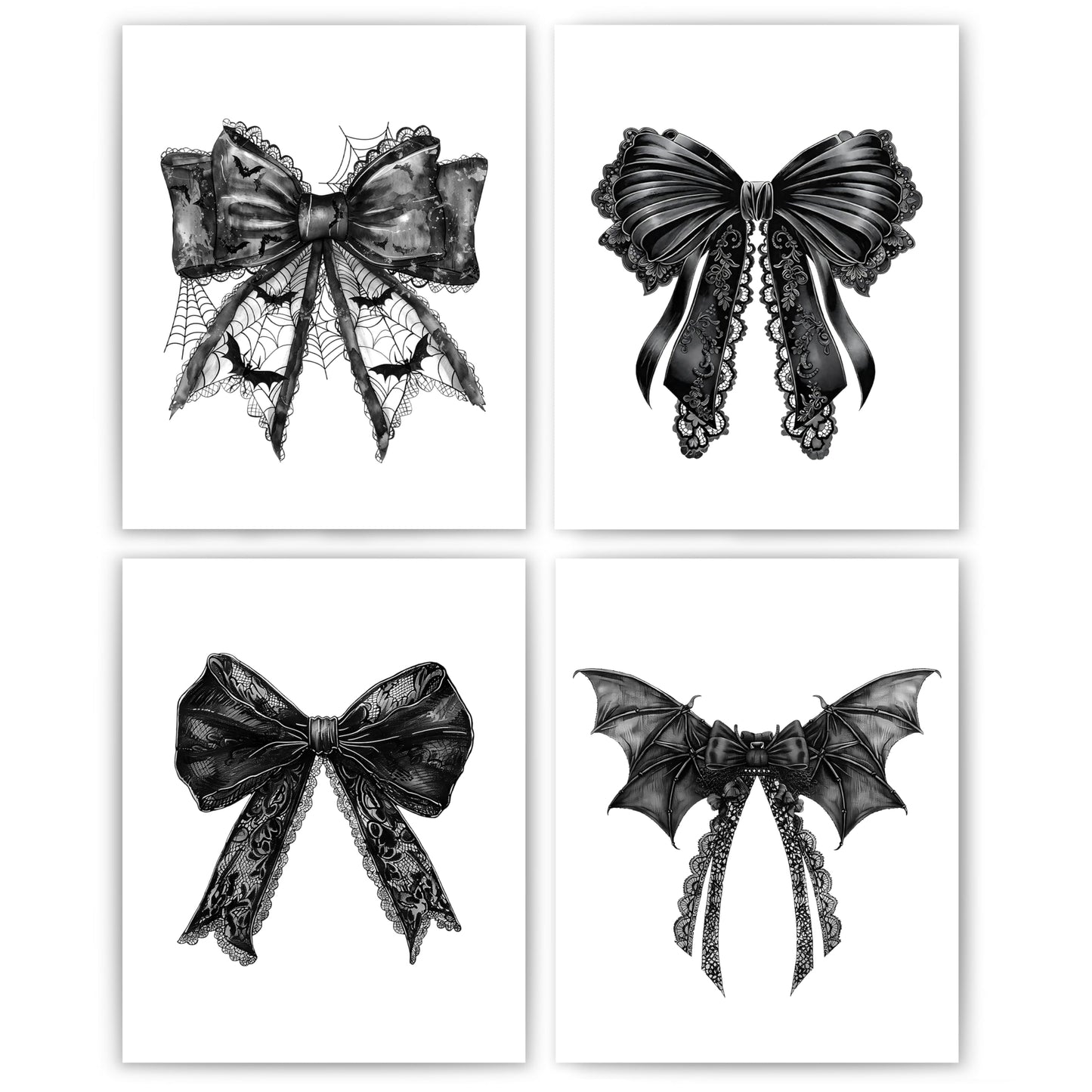 JWVK Coquette Halloween Black Lace Bow Bats Wall Art Prints Set of 4, Gothic Halloween Decor, Halloween Wall Decorations, Dark Academia Halloween Posters Wall Decor for Home Office, 8x10 Unframed