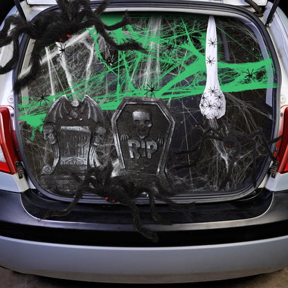 Hiboom Trunk or Treat Halloween Car Decoration Spider and Tombstones Set Including 2 Tombstones 3 Hairy Spiders 60 Little Realistic Spider White Cotton Web Green Cotton Web Spider Egg Sack