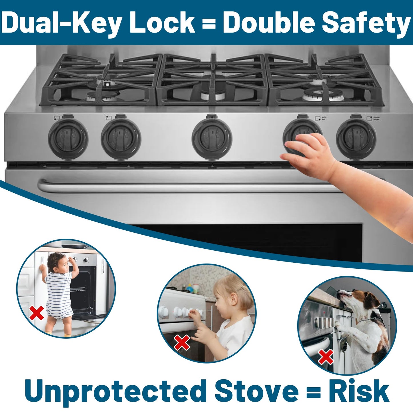 Childproof Stove Knob Safety Covers, Oven Knob Covers for Child Safety 5 Pack, Black Stove Knob Covers & Gas Stove Locks,Heat-Resistant Adhesive,Double-Key Baby Proof Covers for Gas/Electric Burner
