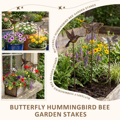 AceOrbit 6 Pcs Rusty Yard Stakes Spring Decor 11.8" Metal Butterfly Hummingbird Bee Stakes Rust Proof Plant Sticks Flowers Bed Decor for Farmhouse Outdoor Yard Lawn Patio Walkway Pathway (Insect)