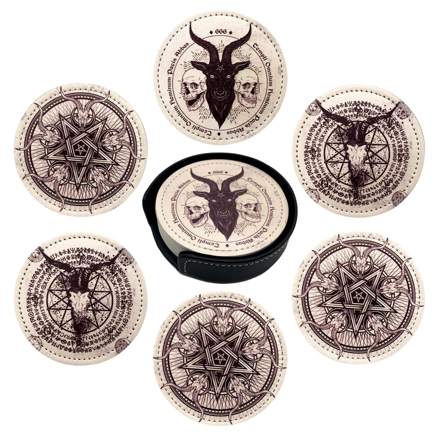 Satan Goat Skull Coasters for Drinks with Holder Leather Coasters Set of 6 for Coffee Table