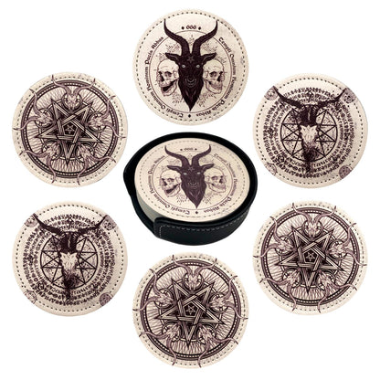 Satan Goat Skull Coasters for Drinks with Holder Leather Coasters Set of 6 for Coffee Table