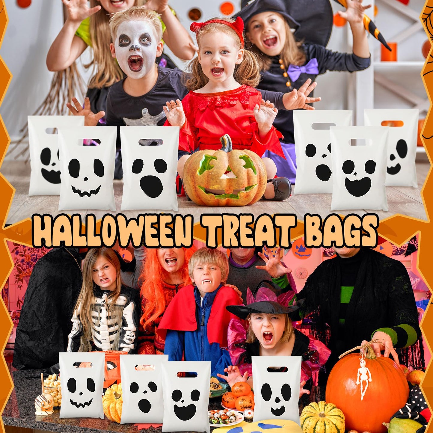 Sunnymove 120 Pcs Goodie Bags with Handles Gift Bags Bulk Cute Plastic Treat Candy Packing for Party Decorations Favors Supplies(120 Pcs,White Ghost)