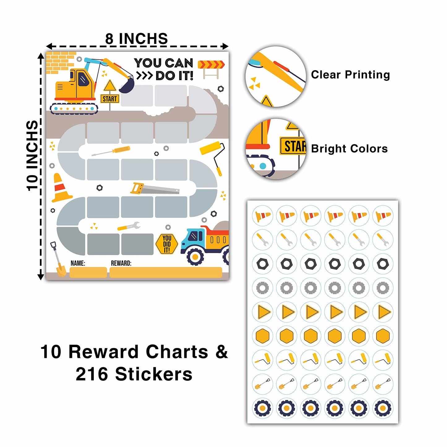 10 Construction Reward Chart with 216 Round Stickers, Incentive Behavior Chart for Kids at Home Classroom, Kids Routine Daily Chore Sticker Chart-A07