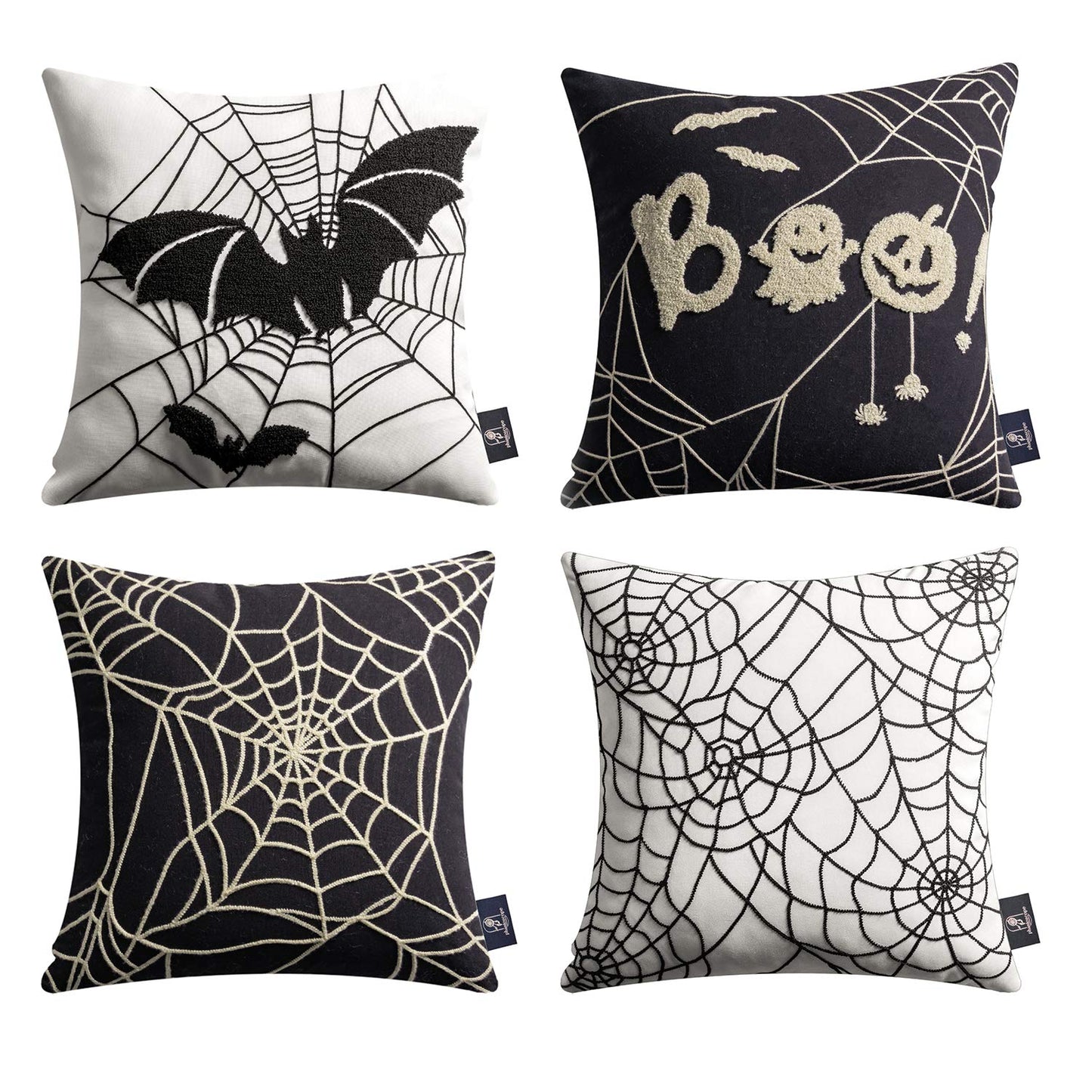 Phantoscope Set of 4 Happy Halloween Decorative Throw Pillow Covers, Handcrafted Embroidery Spider Web Black Bats and Cute Ghost Pillowcase Cushion Cover, Black and White, 18 x 18 inch, 45 x 45 cm