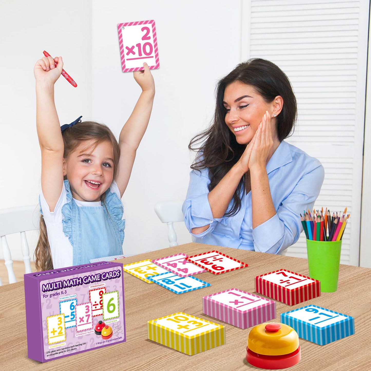 Math Flash Cards Set of 5 Addition Subtraction Division Multiplication Make 10 Games 276 Math Learning Double-Sided Flashcards with 5 Rings 2 Quick Answer Bells for Kids Kindergarten 1st 2nd 3rd Grade