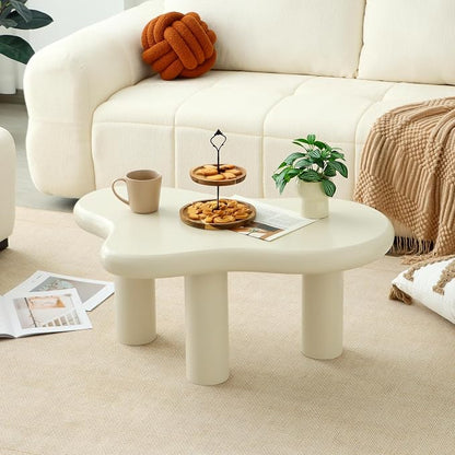 34"(L) Cloud Coffee Table, Modern Wood Coffee Table for Living Room, Accent Center Tables with 3 Legs, Small Tea Tables for Balcony, Patio, Bedroom, Cream White