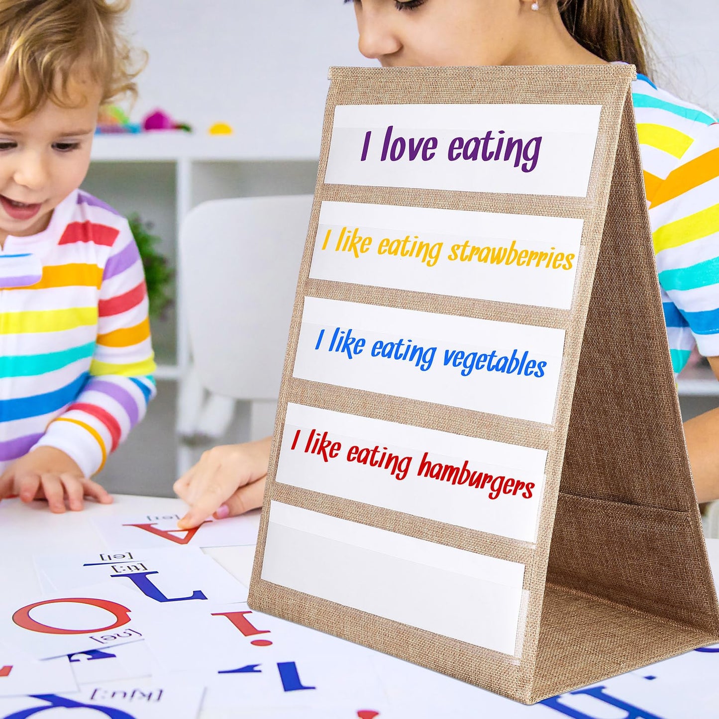 Motipuns Burlap Pocket Chart for Classroom, 17 x 13 Inches Farmhouse Desktop Pocket Chart Stand Double Sided Tabletop Stand Decor for Teacher Homeschoolers Aids in Teaching(1 Pack)