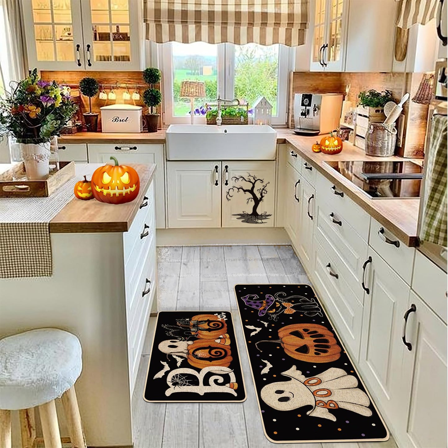 Baccessor Halloween Kitchen Mats Set of 2, Ghost Pumpkin Cat Spider Web Bat Boo Kitchen Rugs for Floor Low-Profile Farmhouse Fall Halloween Party Home Decor 17x29 and 17x47 Inch