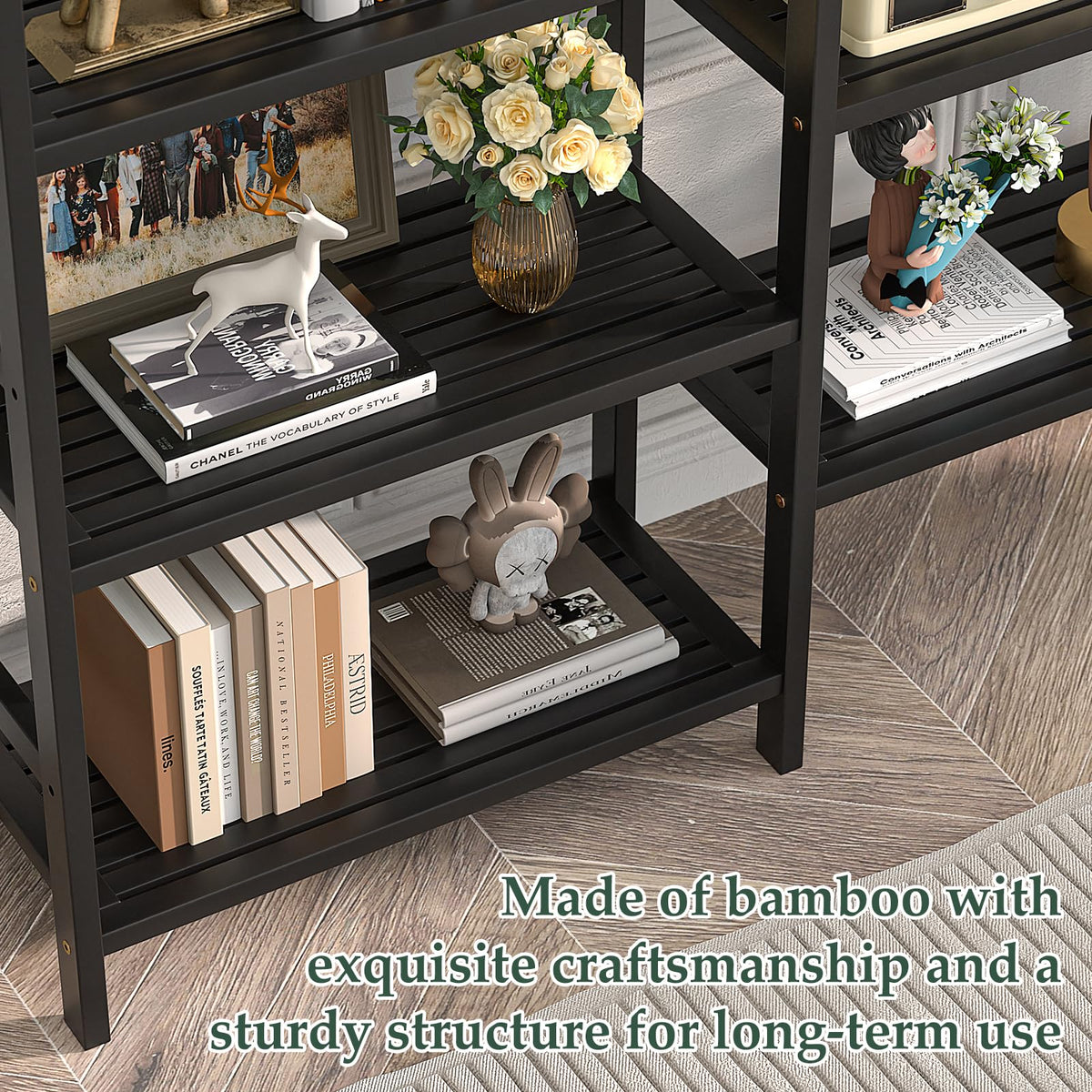 Homykic Double Wide Bamboo Bookshelf Black, 6-Tier Large Open Bookcase with 12 Display Shelves, 6ft Tall Freestanding Book Shelf for Home Office, Bedroom, Living Room, Plants