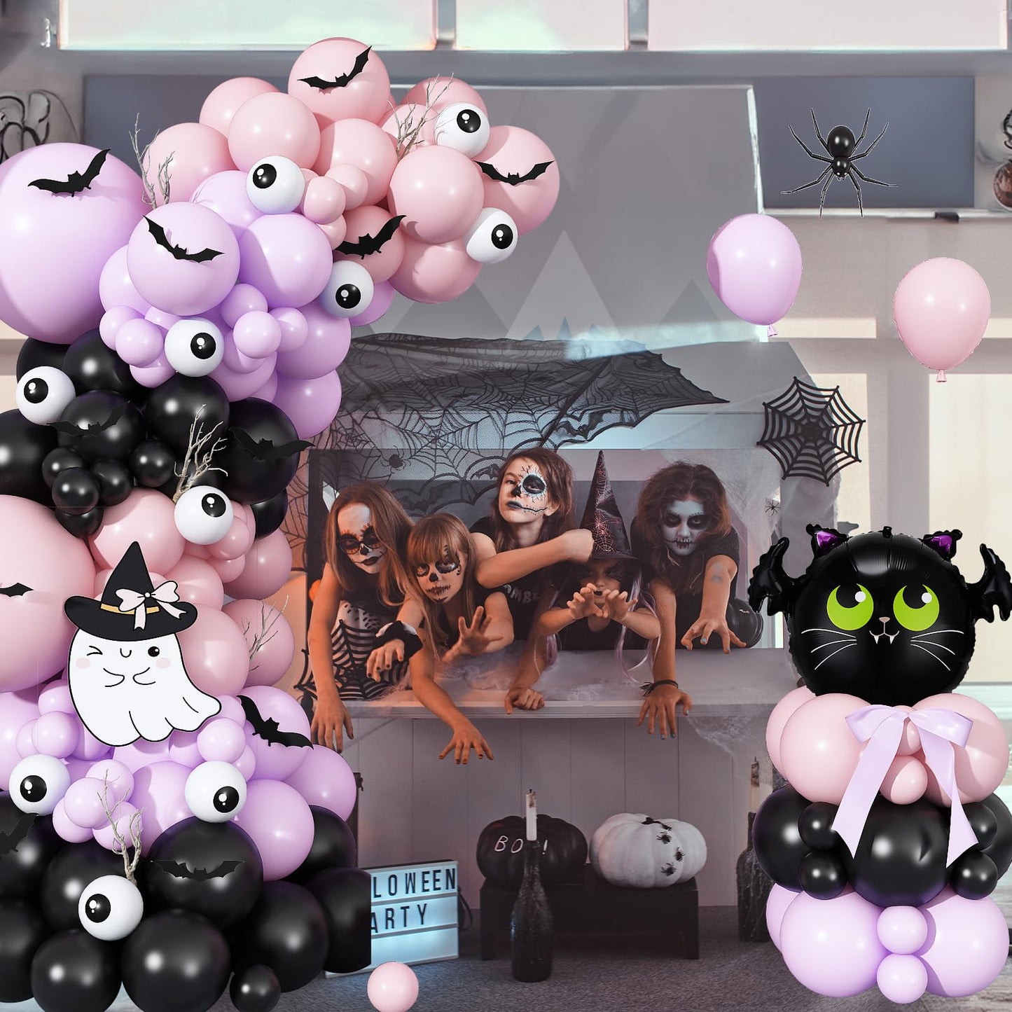Halloween Balloon Garland Arch Kit, Light Pink Pastel Purple Black Spooky White Eyeball Latex Balloons with Scary 3D Bats Foil Balloon for Kid Halloween Party Decor Indoor Outdoor Backdrop Decorations