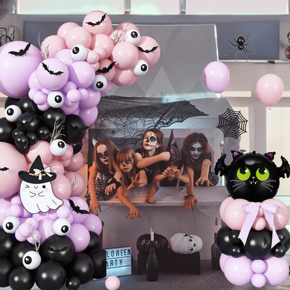 Halloween Balloon Garland Arch Kit, Light Pink Pastel Purple Black Spooky White Eyeball Latex Balloons with Scary 3D Bats Foil Balloon for Kid Halloween Party Decor Indoor Outdoor Backdrop Decorations