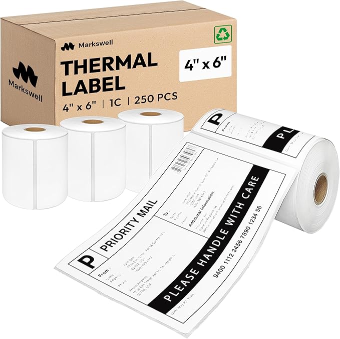 4x6 Direct Thermal Label, Barcode Address Mailing Name Shipping Labels, Perforated Thermal Stickers, Multipurpose, Commercial Grade for Thermal Printer, Strong Adhesive, 250/Roll, 4 Rolls