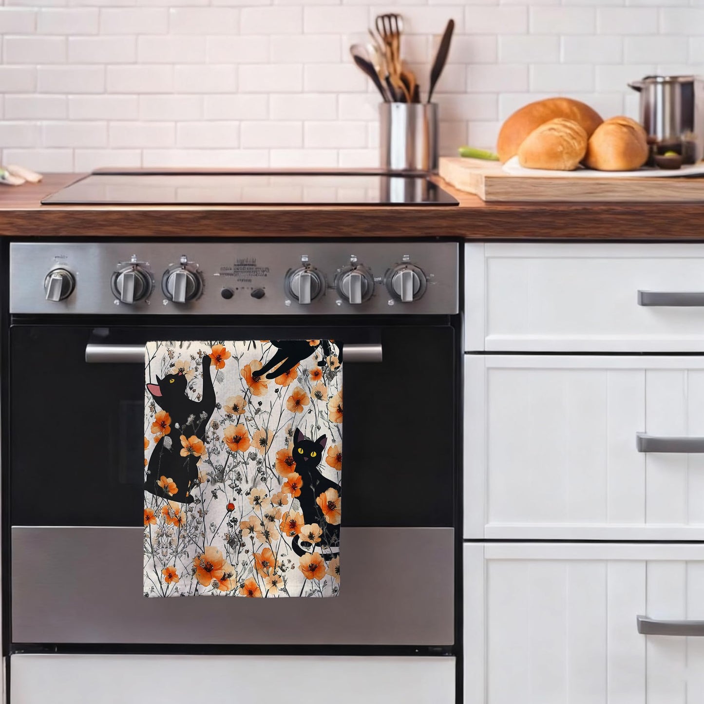 Oblivix Black Cat Dish Towels,Orange Floral Kitchen Towels Decorative Set of 2,Cute Soft Absorbent Reusable Tea Towel & Hand Towel,Black Cats Kitchen Deccor,Cat Lover Gifts for Woemen