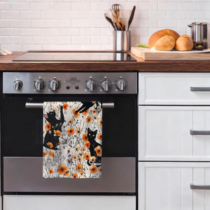 Oblivix Black Cat Dish Towels,Orange Floral Kitchen Towels Decorative Set of 2,Cute Soft Absorbent Reusable Tea Towel & Hand Towel,Black Cats Kitchen Deccor,Cat Lover Gifts for Woemen
