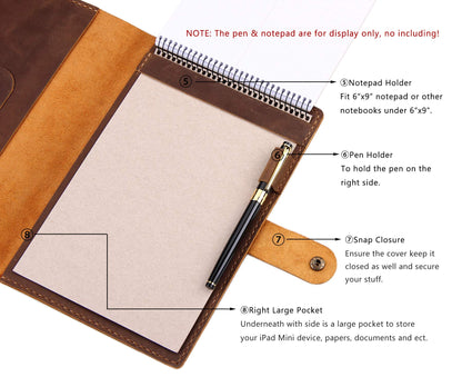 Robrasim Leather Cover for 6"x9" Steno Notebook, Leather Folio Cover Compatible with 6x9 Spiral Steno Pads, A5 Notebook Organizer with Pen Loop - Brown