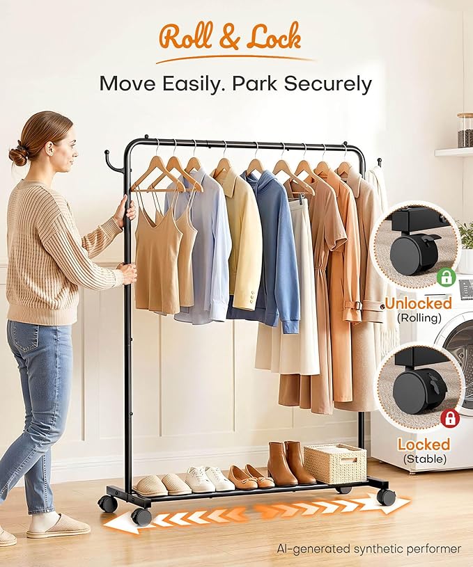 Homde Heavy Duty Clothes Rack: 120lb Standing Garment Storage for Indoor - Rolling Hanging Rod for Bedroom Laundry Room - Coat Dress Organizer on Wheels with luggage shelf (Black, 46.5")