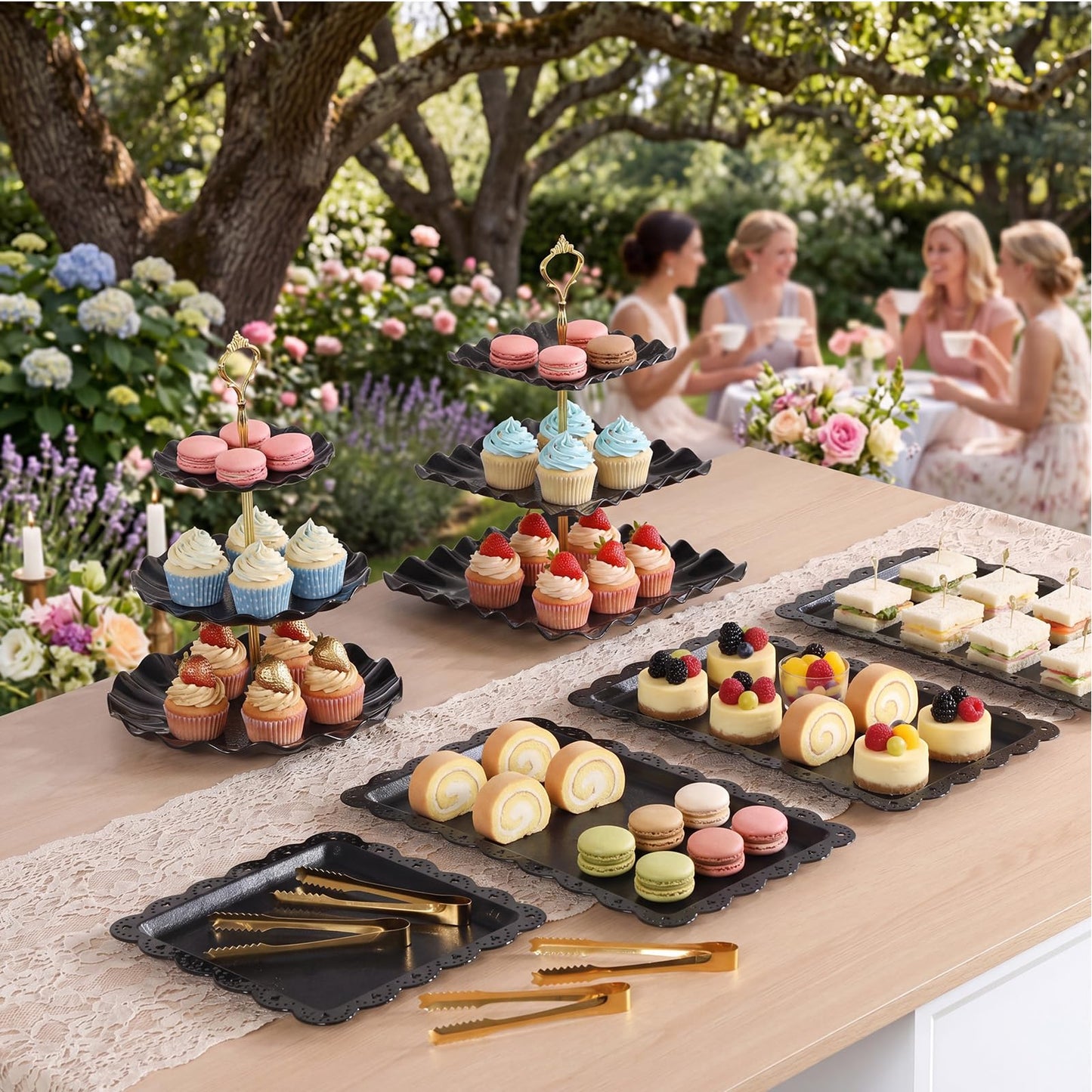 Remerry 16 Pcs Dessert Table Display Set 3 Tier Cupcake Stands Tower Holder Plastic Cookie Serving Trays Gold Serving Tongs for Tea Party Wedding Baby Shower Birthday Table Display(Black)
