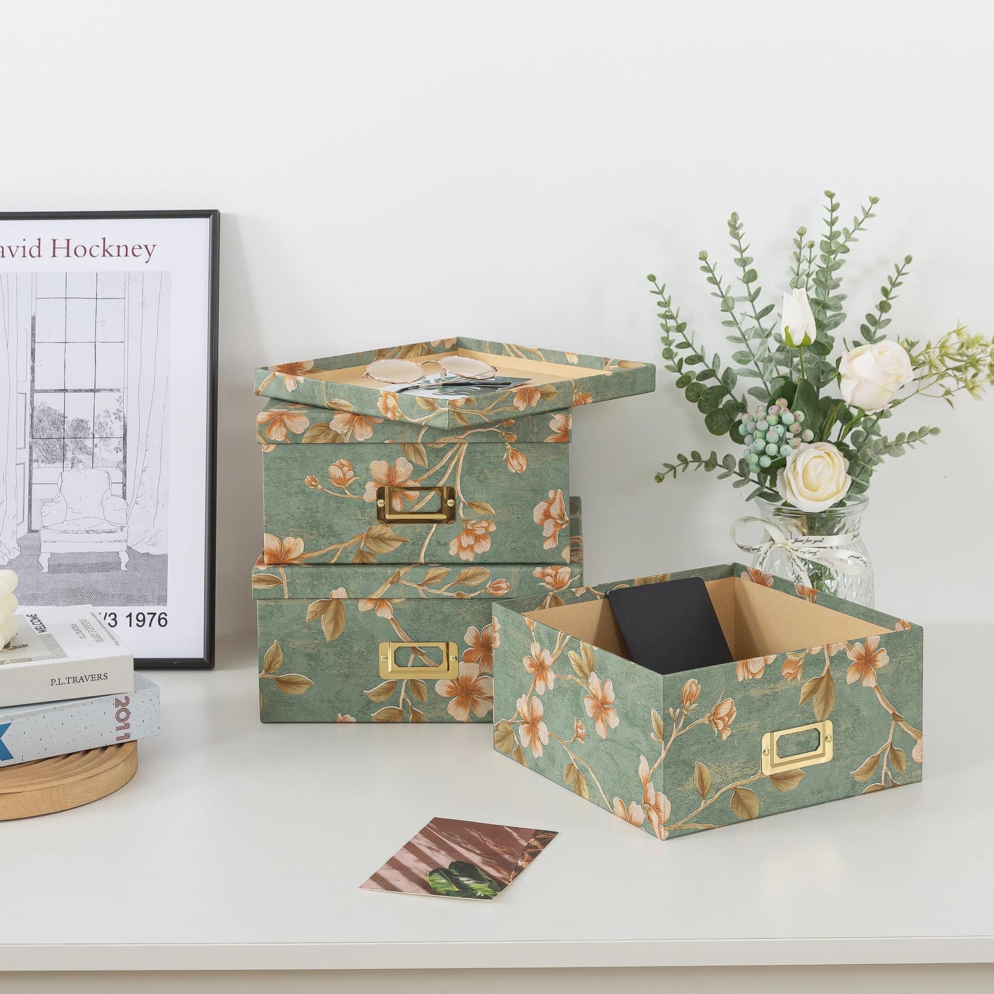 Soul & Lane Decorative Cardboard Storage Boxes - Set of 3 Square Stacking Boxes with Lids and Gold Label Holders, Nesting Photo Storage for Decor and Organizing, Botanical Sage