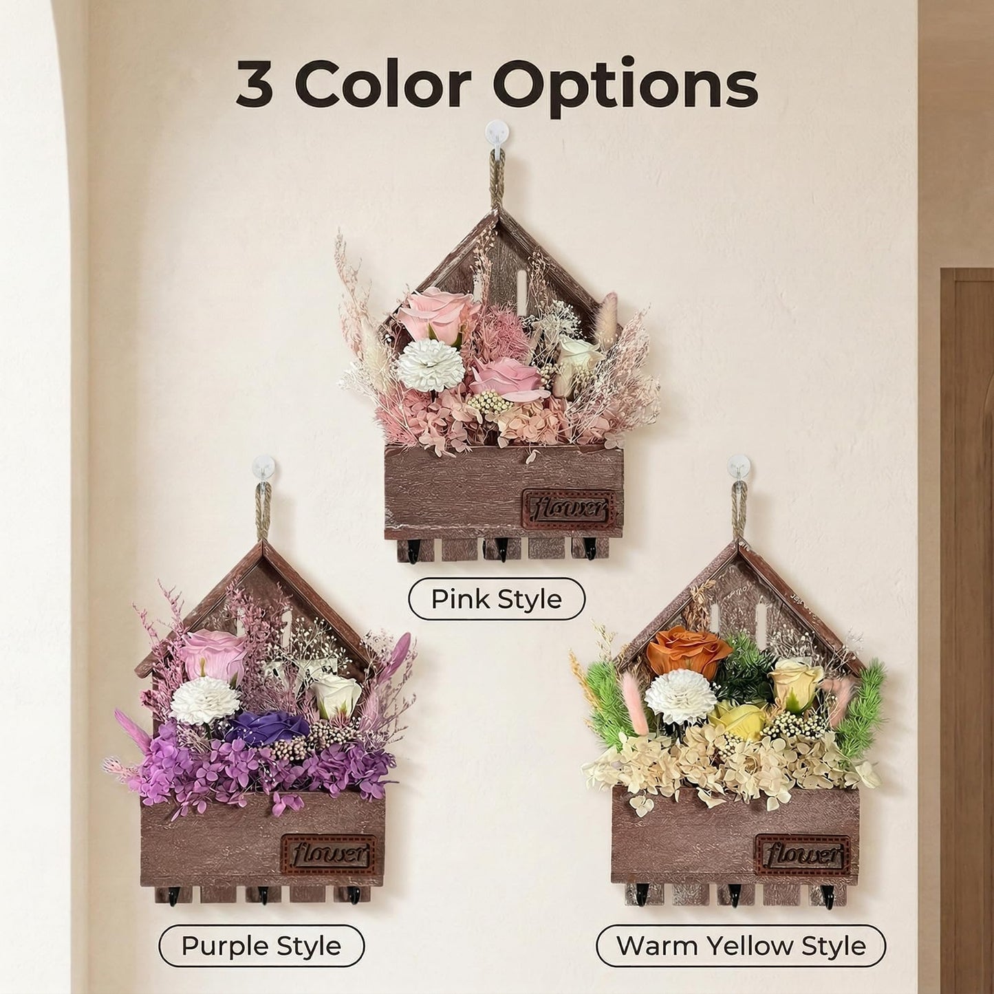 EIGHTOWN Orange Floral Wall Hooks, Farmhouse Wooden House Shape Key Holder with 3 Hooks, Artificial Soap & Dried Flower Decorative Hanger for Entryway, Living Room, Home Decor (Orange)