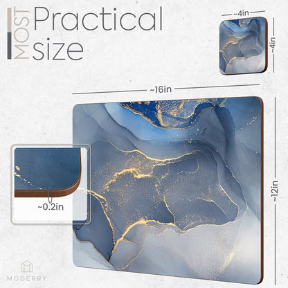 Moderry Set of 4 Heat Resistant Cork Placemats for Dining Table with Free Set of 4 Matching Drink Coasters Marble Design 16 x 12 Inches Cork Backed Hard Placemats (Blue & Gold)