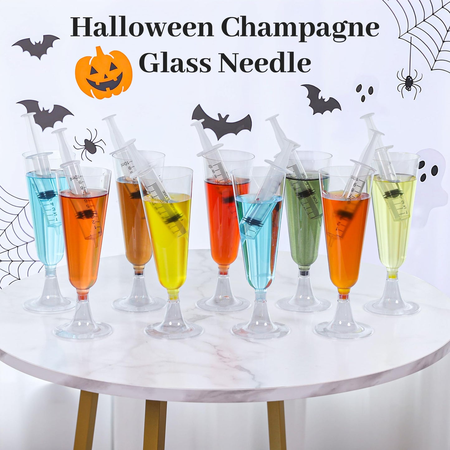 yeload Fun Halloween Champagne Flutes with Syringes – 12 Pack 5 oz Clear Disposable Wine Glasses – Spooky Party Cups for Adult Halloween Events & Easy Cleanup