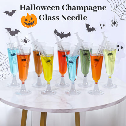 yeload Fun Halloween Champagne Flutes with Syringes – 12 Pack 5 oz Clear Disposable Wine Glasses – Spooky Party Cups for Adult Halloween Events & Easy Cleanup