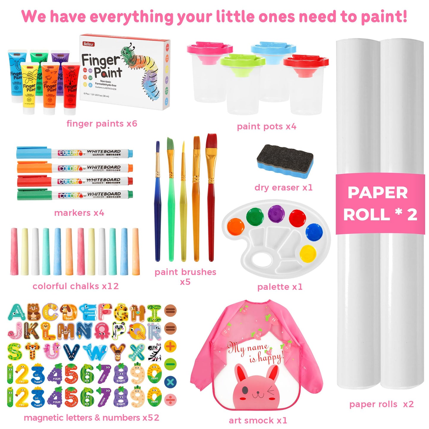 Belleur All-in-One Art Easel for Kids, Adjustable Double Sided Easel for Toddlers with Magnetic Whiteboard & Dry-Erase Chalk Board & Paper Roll, Child Painting Easel for Kid 2-8 Birthday Gift - Pink