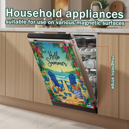 Summer Beach Refrigerator Magnet Cover,Tropical Flowers Washable Dishwasher Magnets Decorative Cover,Home Kitchen Decorative Dishwasher Front Panel Cover 23x26 Inch