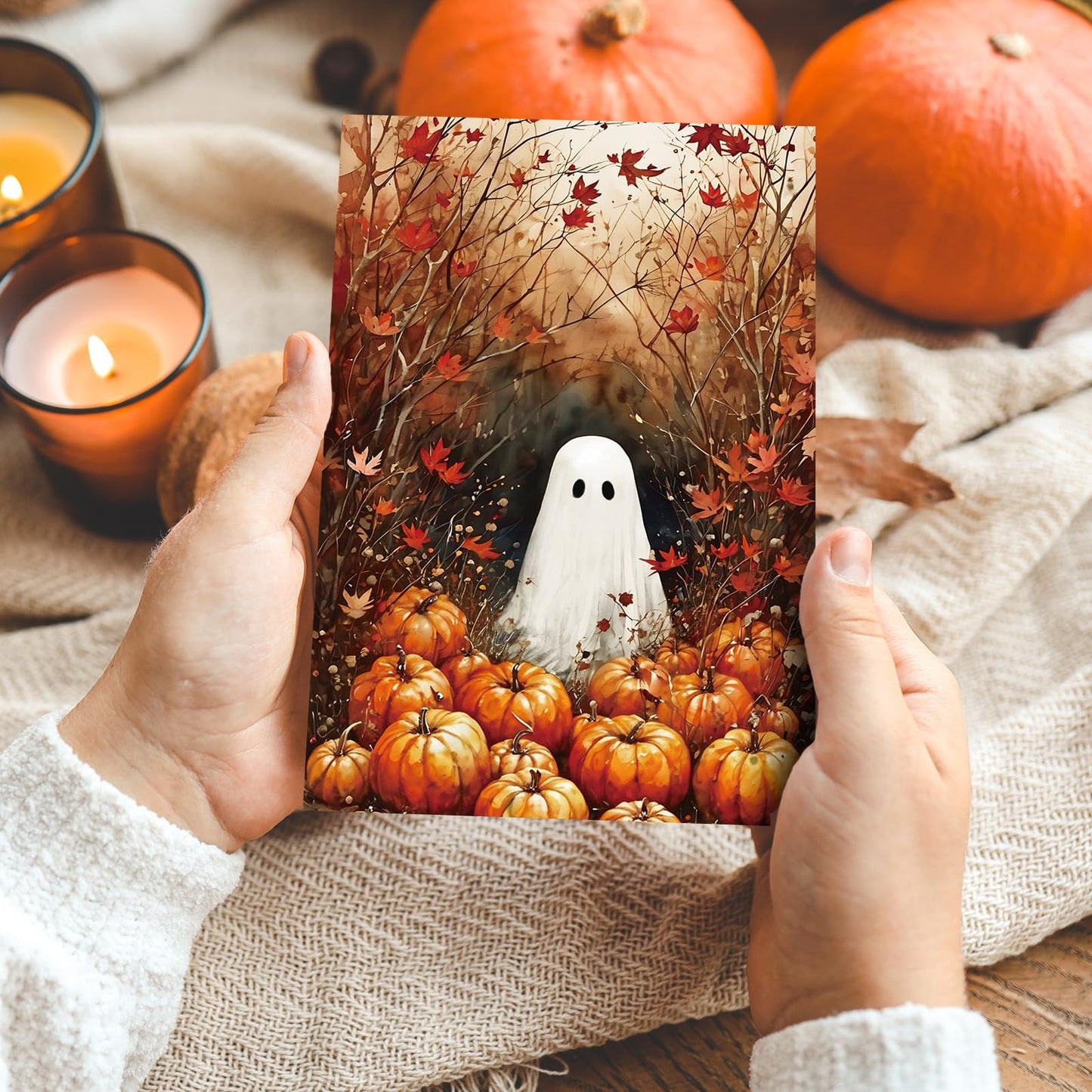 JarThenaAMCS 36 Pack Halloween Cards Ghost Pumpkin Maple Leaves Greeting Cards with Envelopes Stickers Glue Stick Blank Note Card for Party Invitations, 4 x 6 Inch