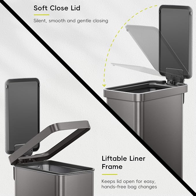 EKO Hudson Slim Trash Can with Lid, 13 Gal Stainless Steel, Gunmetal Gray | Kitchen, step pedal, soft close lid, stay-open frame, secure liner ring, rear handle