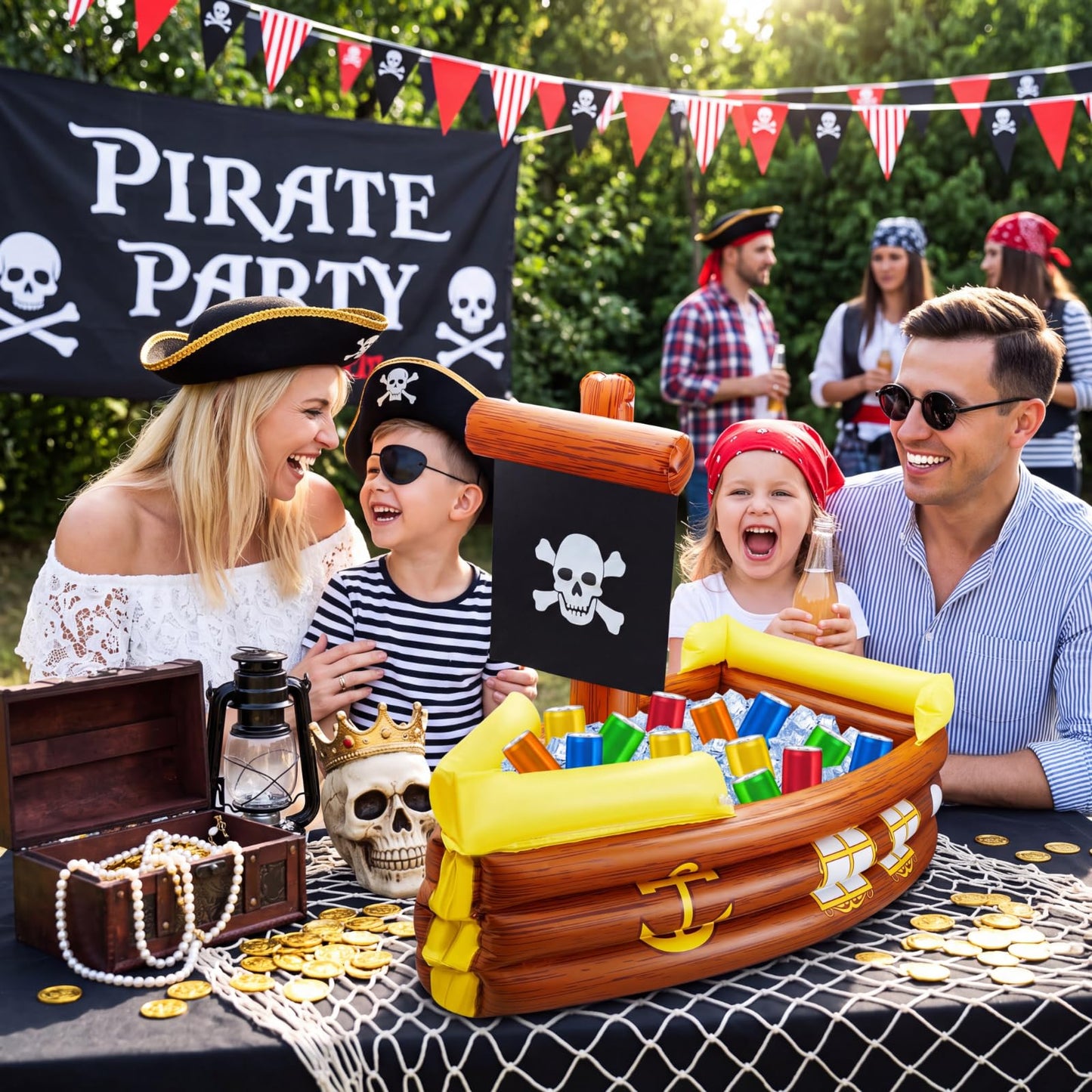 Cunhill Inflatable Pirate Ship Cooler Summer Inflatable Cooler for Birthday Gasparilla Party Decorations Pool Party Supplies Food Tray Beverage Serving Containers Ice Holder