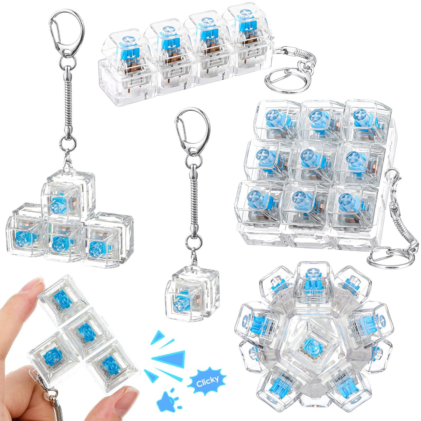 Halloscume 5 Pcs Keyboard Adult Fidget Clicker in 5 Styles Keyboard Fidget Keychain Cube Mechanical Key Button Clicker Stress Relief Gift for Office Home Pass Time(White Transparent)