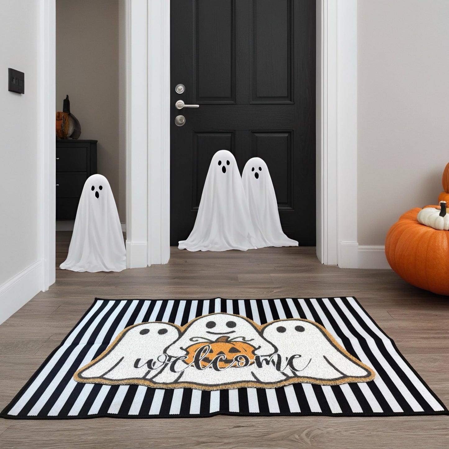 2 Pcs Halloween Welcome Door Mats, Ghost Outdoor Polypropylene Coir Mat with White Ghosts & Pumpkin, Black White Stripe Crystal Velvet Non-Slip Rug for Front Porch Entryway