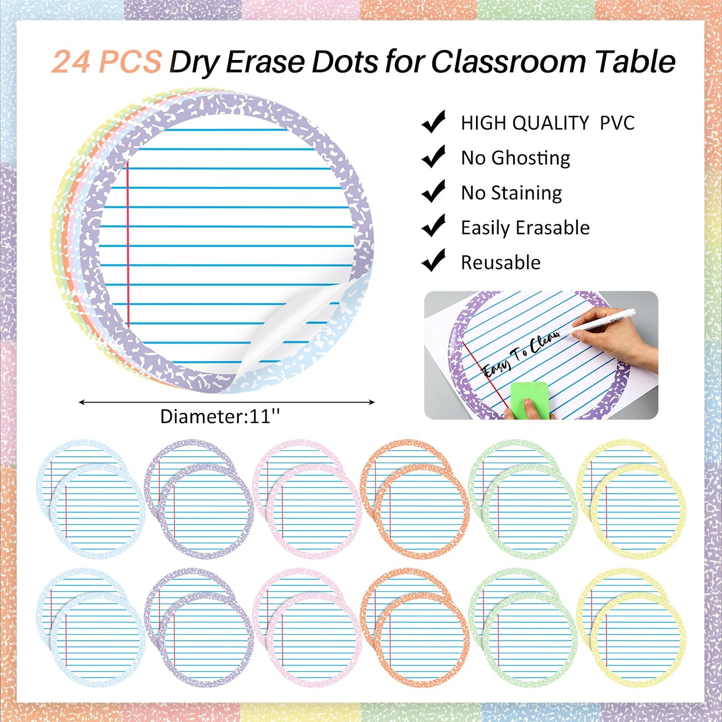 Gersoniel 24 Pcs Large 11'' Notebook Dry Erase Dots for Classroom Table Removable Circles Stickers Wall Whiteboard No Staining for Teacher School Home Office Teaching Supplies (Round,Light Color)